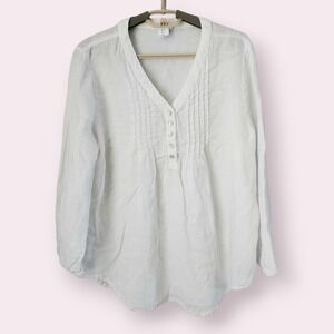 Sigrid Olsen 100% Linen Size L Pintuck V Neck Tunic Blouse White Lagenlook Boho